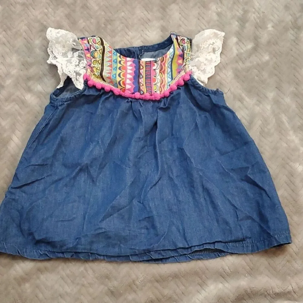 Rare Editions Denim Top with Colorful Pattern and Lace Sleeves Baby 12 Months